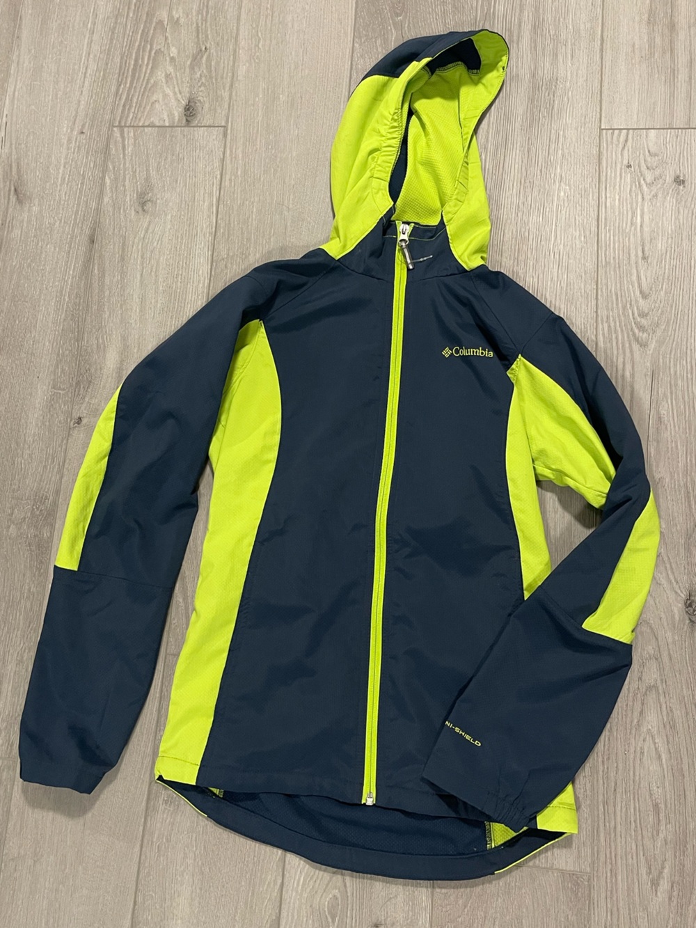 Columbia Windbreaker Zippered Blue Highlighter Yellow Zip Jacket Boys Size Large